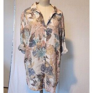 Rosemarine Women's M Printed White Linen Shirt Mini Dress Tunic Leaves Pattern